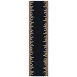 Flatweave runner with a flame border design in taupe on a black field. 