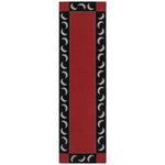 Flatweave runner with a crescent moon border in cream, taupe and black of a red field.