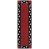 Flatweave runner with a crescent moon border in cream, taupe and black of a red field.