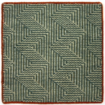 Flatwoven rug in a dense stripe zig zag in sage and emerald with a thin rust border.