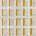 A potted cactus stands in front of a wall papered in a dimensional grid print in shades of cream, light blue and yellow.