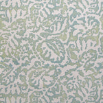 Wallpaper in a botanical paisley print in white on a mottled green and turquoise field.