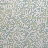 Wallpaper in a botanical paisley print in white on a mottled green and turquoise field.