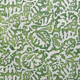 Wallpaper in a botanical paisley print in white on a mottled green field.