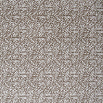 Detail of wallpaper in a dense paisley print in white on a brown field.