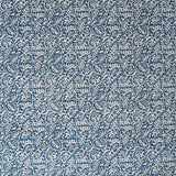 Detail of wallpaper in a dense paisley print in white on a navy field.