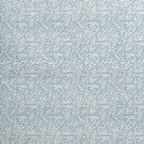 Detail of wallpaper in a dense paisley print in cream on a light blue field.