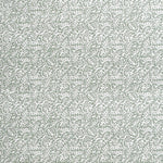 Detail of wallpaper in a dense paisley print in white on a gray-green field.