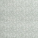 Detail of wallpaper in a dense paisley print in white on a gray-green field.