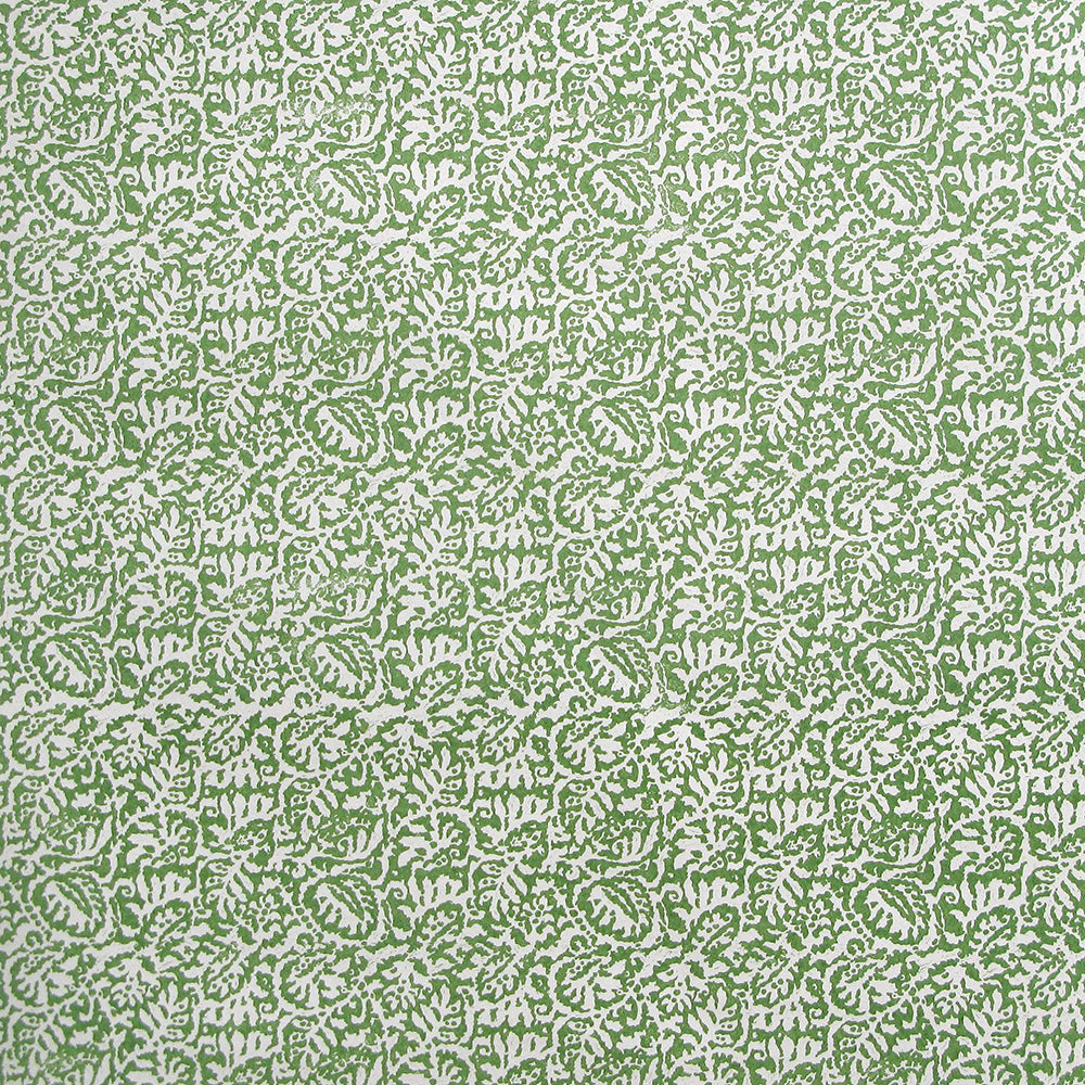 Detail of wallpaper in a dense paisley print in white on a green field.