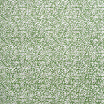 Detail of wallpaper in a dense paisley print in white on a green field.