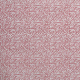 Detail of wallpaper in a dense paisley print in white on a dusty rose field.