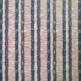 Detail of wallpaper in a dense tribal stripe pattern in shades of cream, navy and brown.