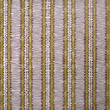 Detail of wallpaper in a dense tribal stripe pattern in shades of cream, mustard and brown.