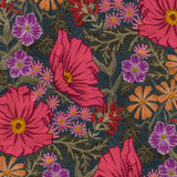 Detail of fabric in a large-scale floral print in pink, purple, orange and green.
