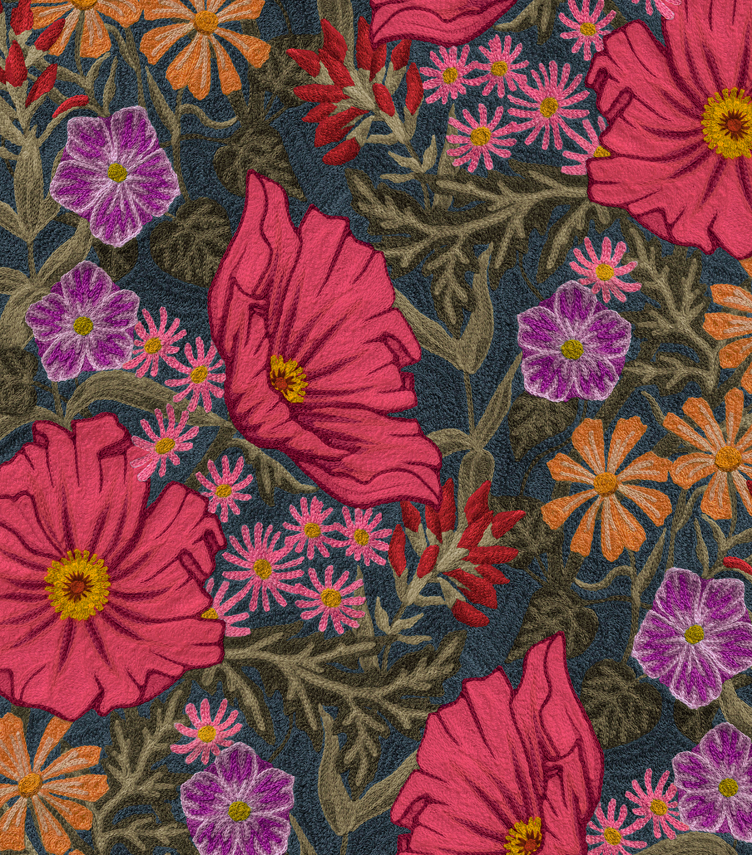 Detail of fabric in a large-scale floral print in pink, purple, orange and green.