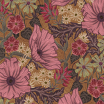 Detail of wallpaper in a large-scale floral print in pink, purple and green on a brown field.