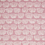 Indian-inspired floral line drawings arranged in a striped pattern on woven fabric. White on pink background.