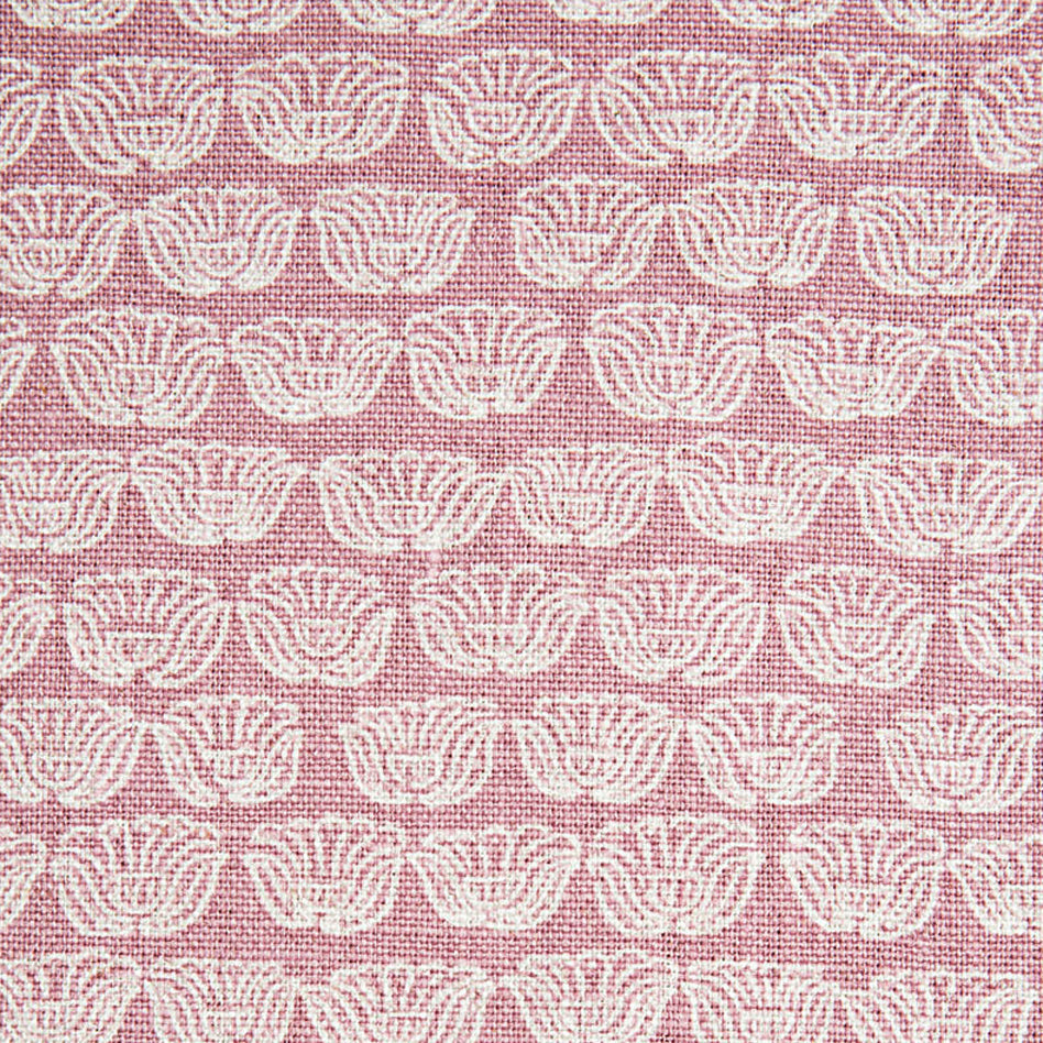 Indian-inspired floral line drawings arranged in a striped pattern on woven fabric. White on pink background.