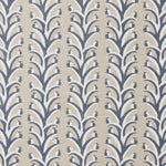 Fabric swatch with a horizontal striped pattern of curved branches topped with tiny fruits, in shades of tan, slate and white.