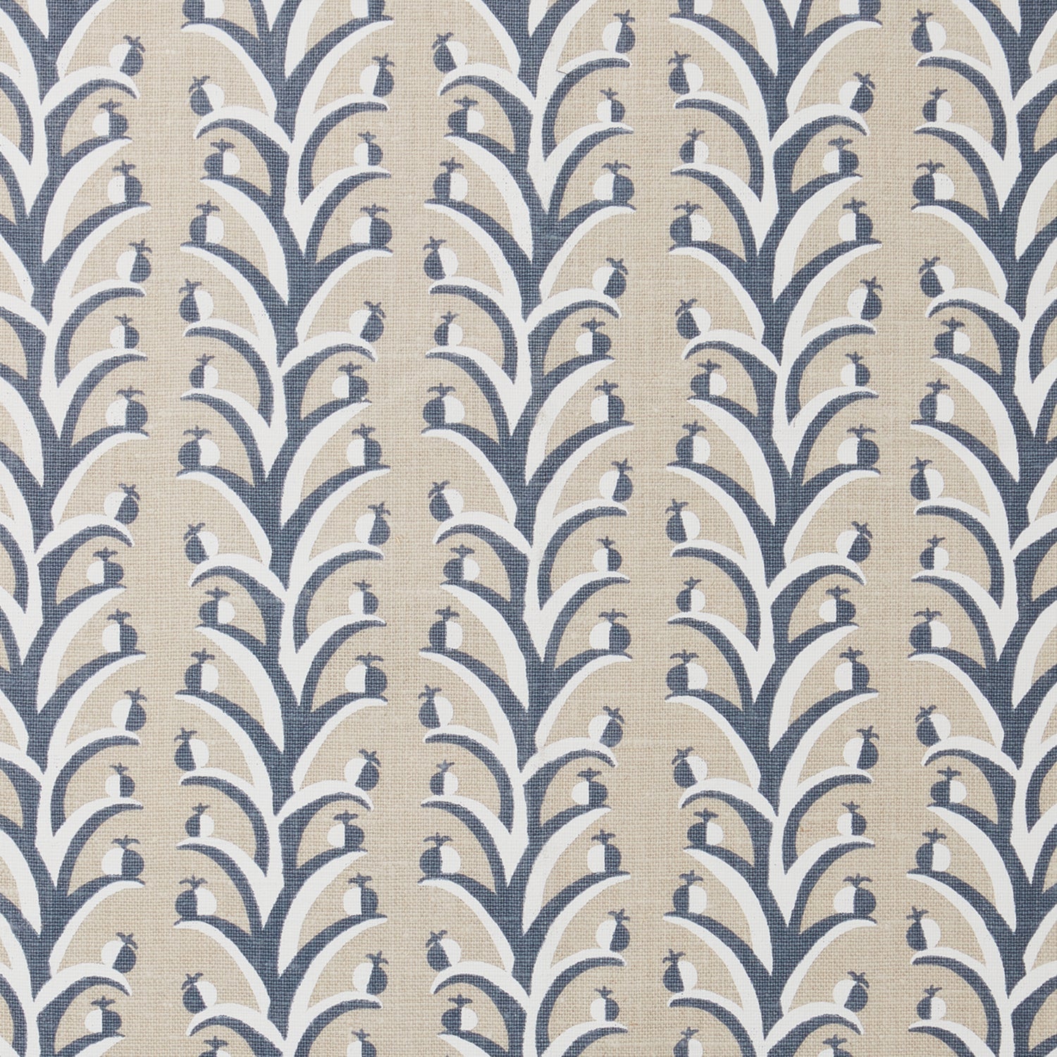 Fabric swatch with a horizontal striped pattern of curved branches topped with tiny fruits, in shades of tan, slate and white.