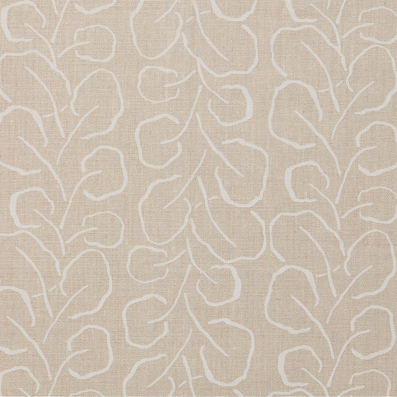 Woven fabric swatch with a large-scale repeating leaf print in white on a cream background.
