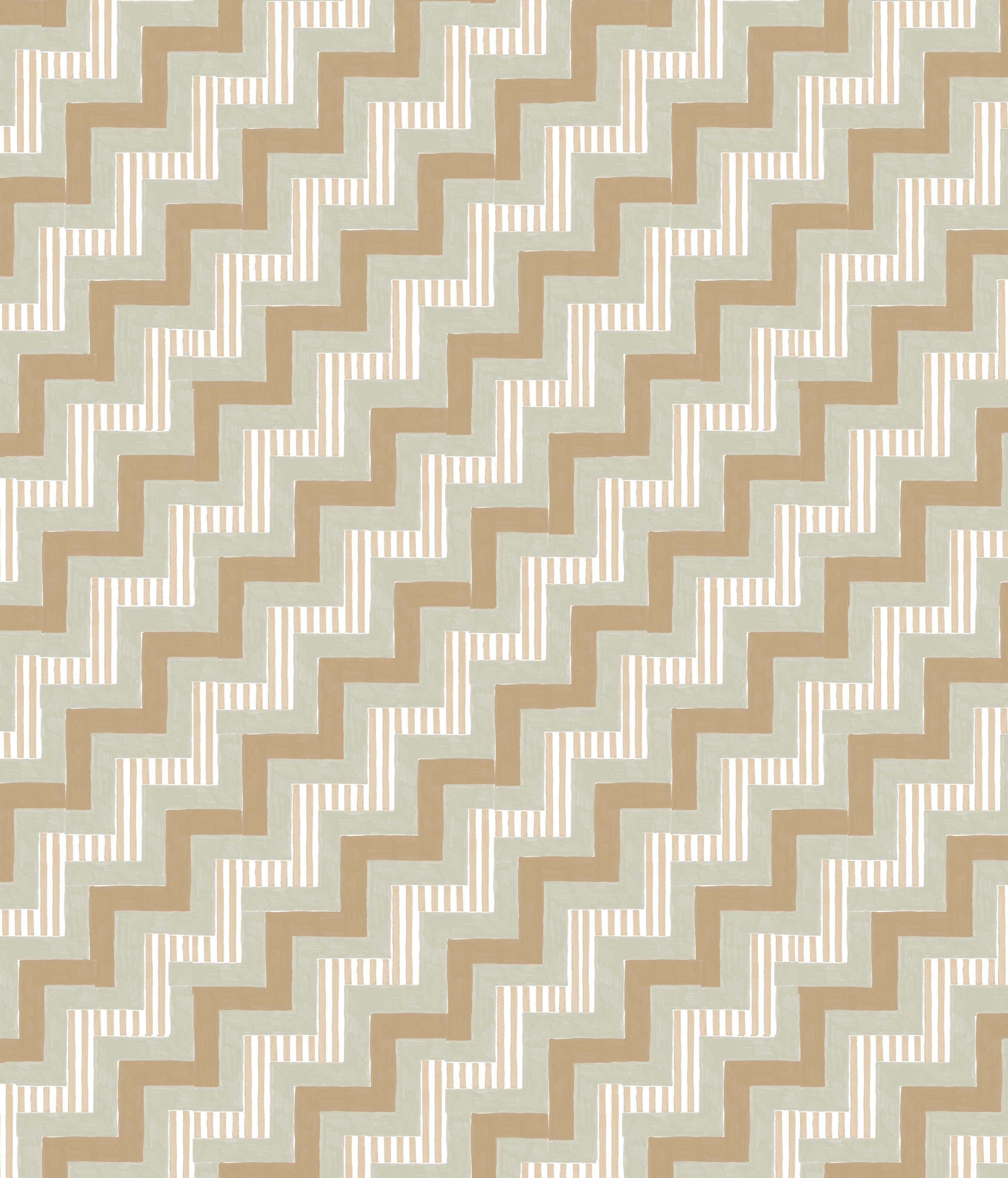 Detail of fabric in a playful zigzag stripe print in shades of brown, gray and white.