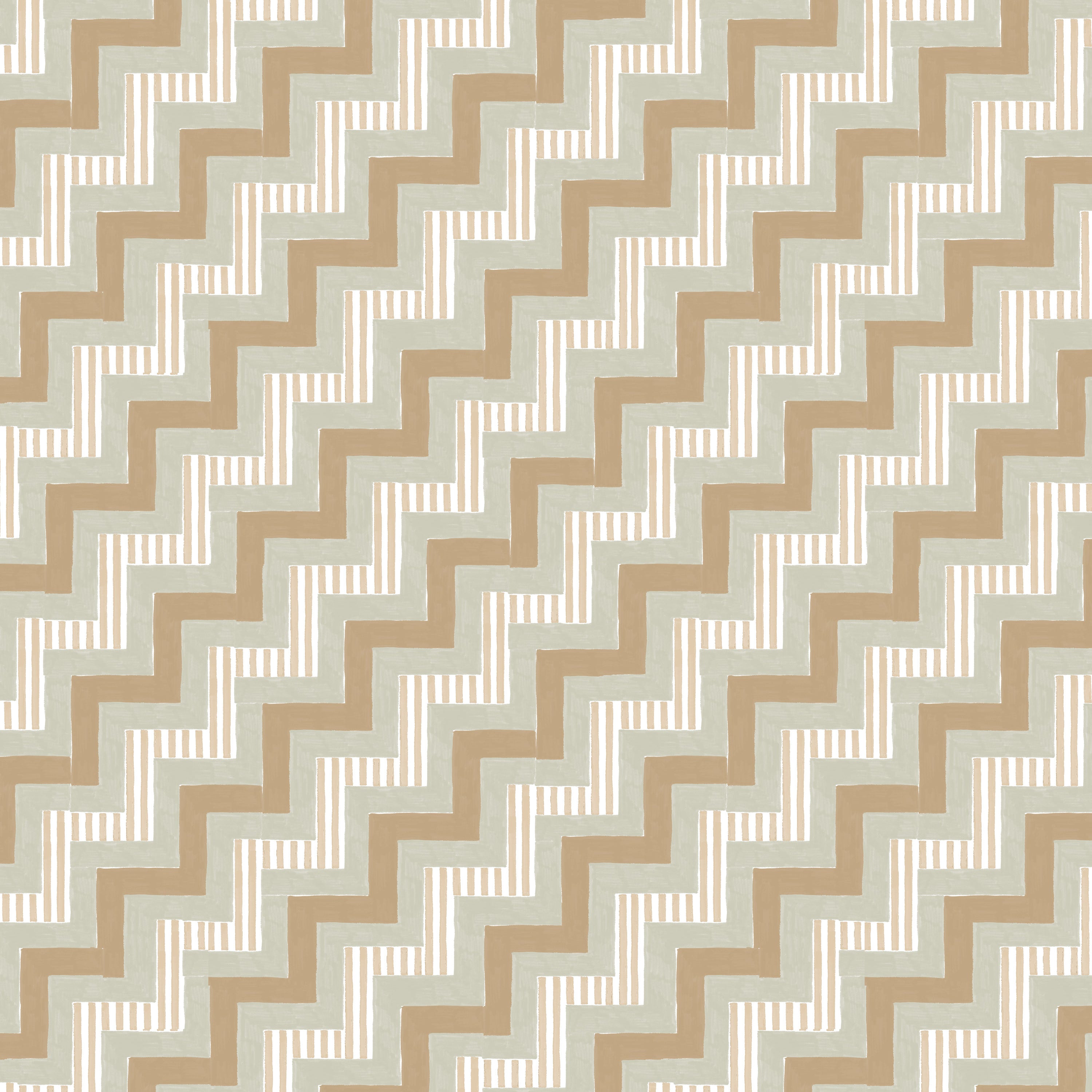 Detail of wallpaper in a playful zigzag stripe print in shades of brown, gray and white.
