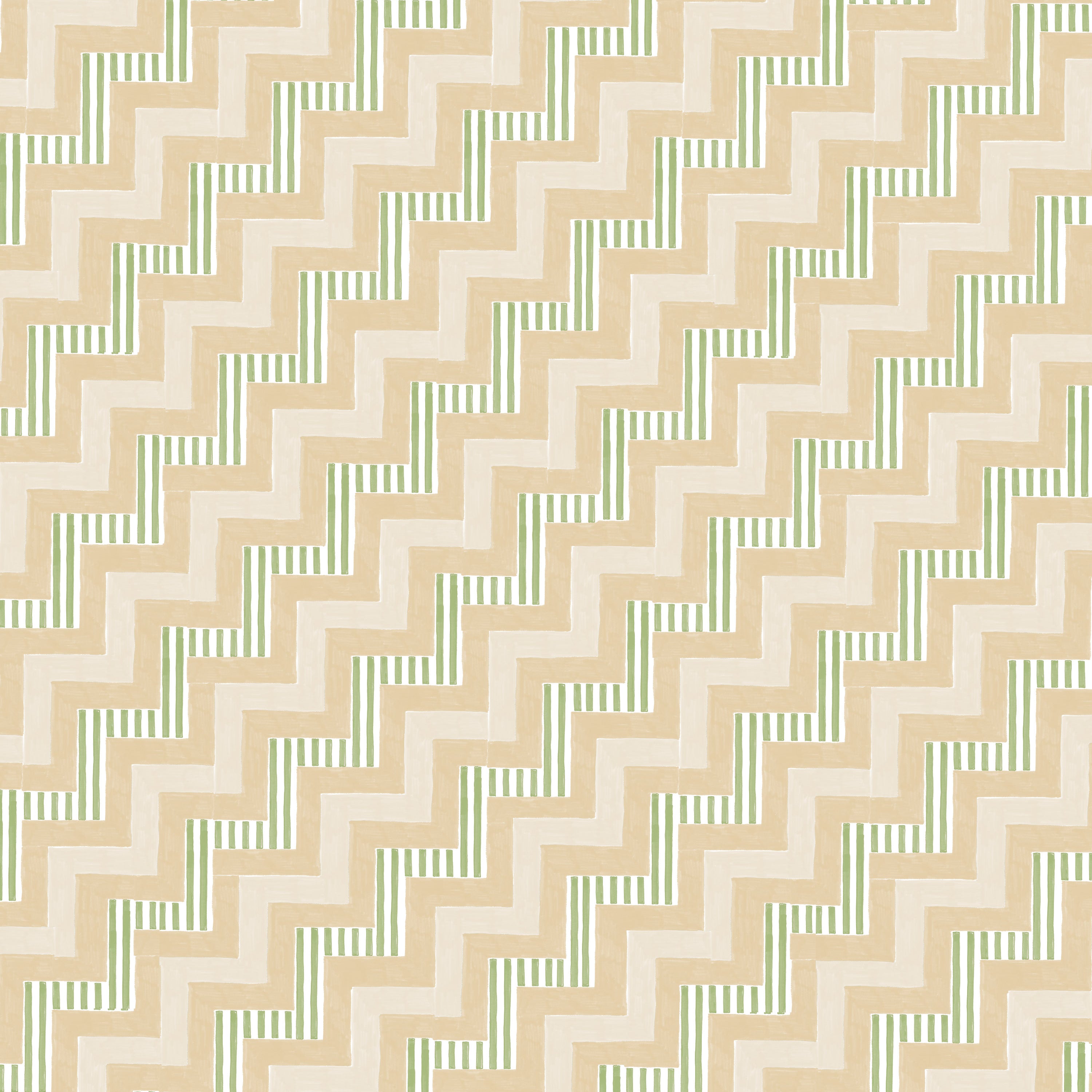 Detail of fabric in a playful zigzag stripe print in shades of pink, beige and green.