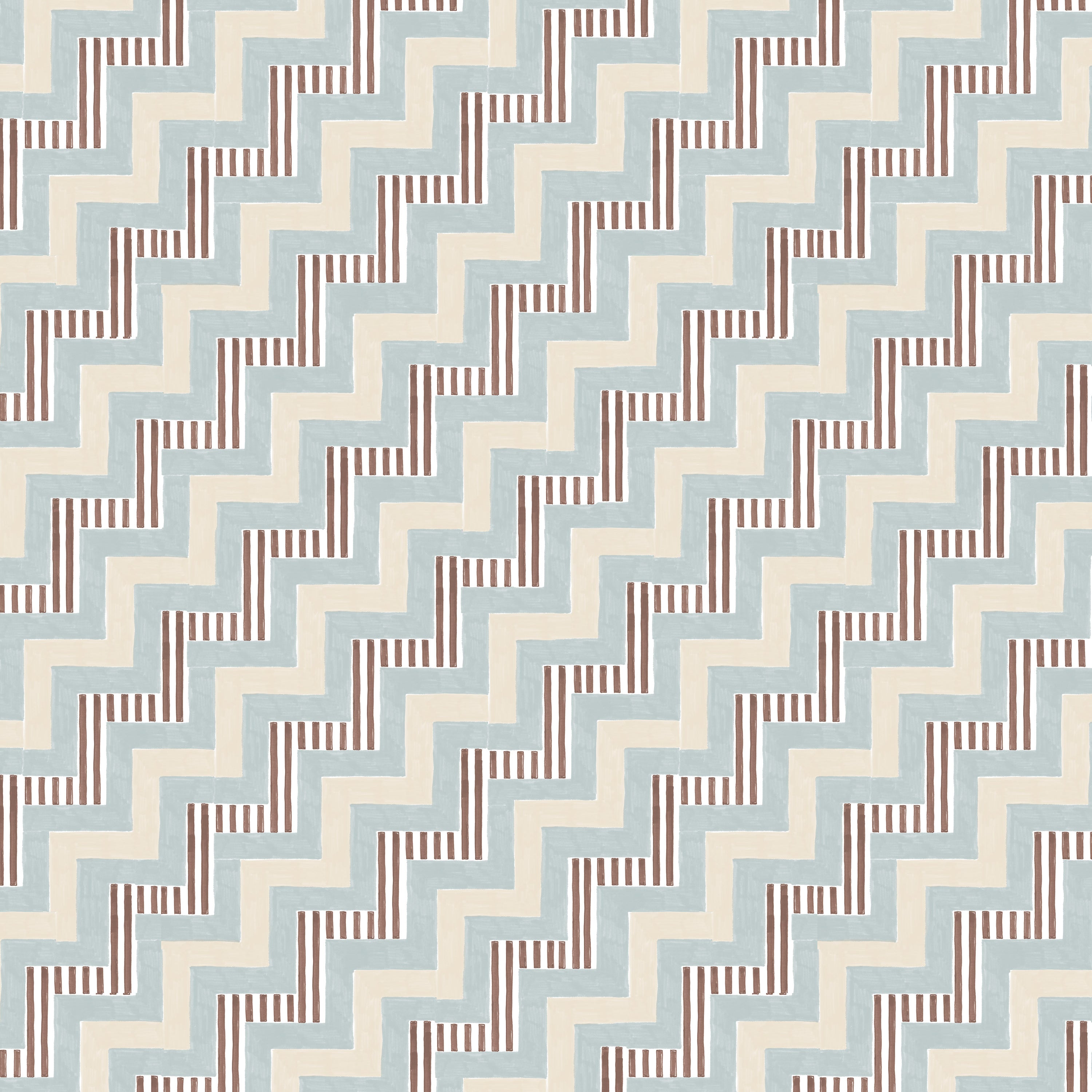 Detail of fabric in a playful zigzag stripe print in shades of beige, blue and brown.