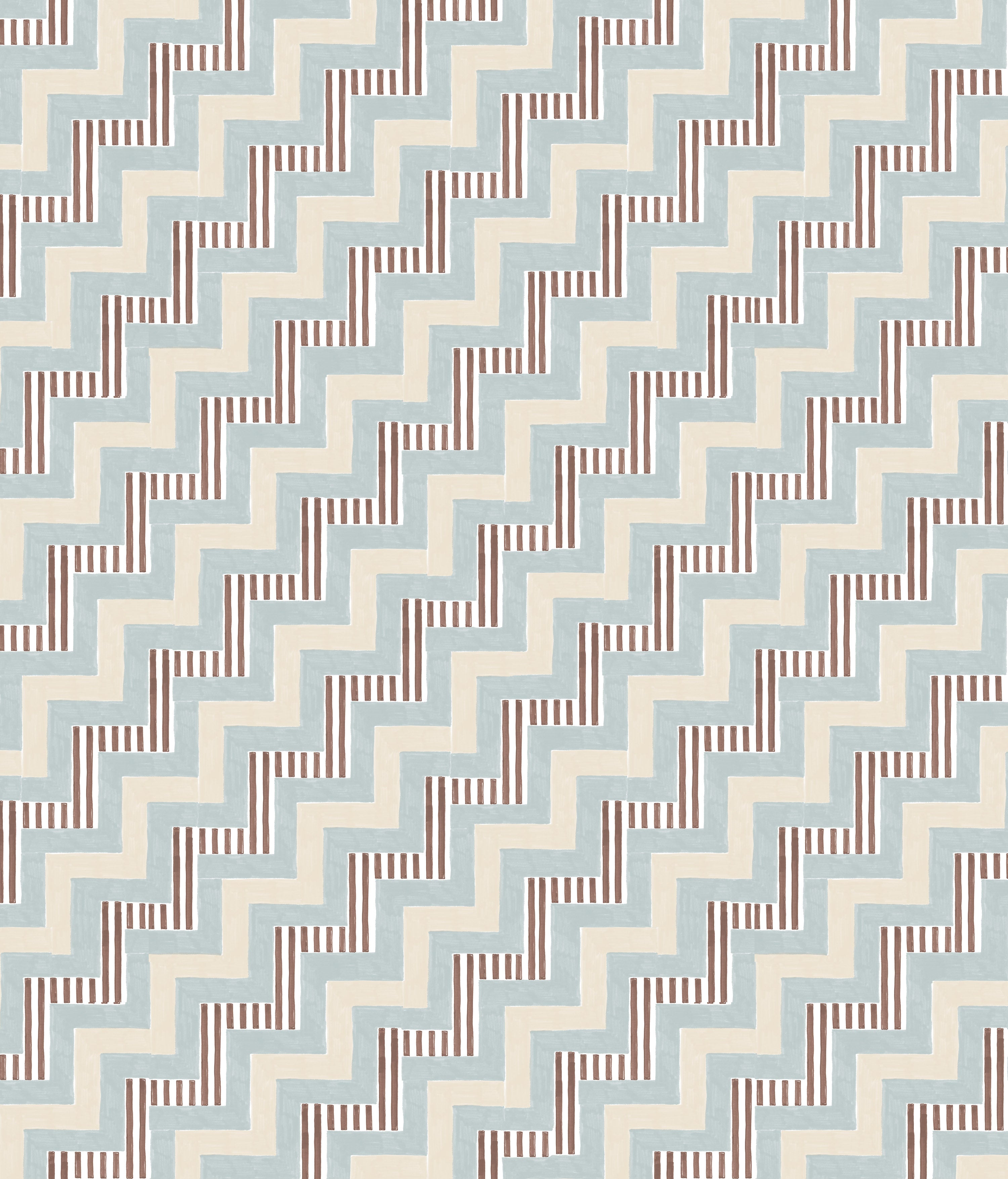 Detail of wallpaper in a playful zigzag stripe print in shades of beige, blue and brown.