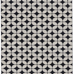 Full size Alhambra Rug in black and white a featuring a pattern of linked circles that create a star like lattice.