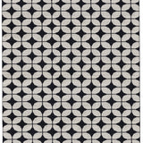 Full size Alhambra Rug in black and white a featuring a pattern of linked circles that create a star like lattice.