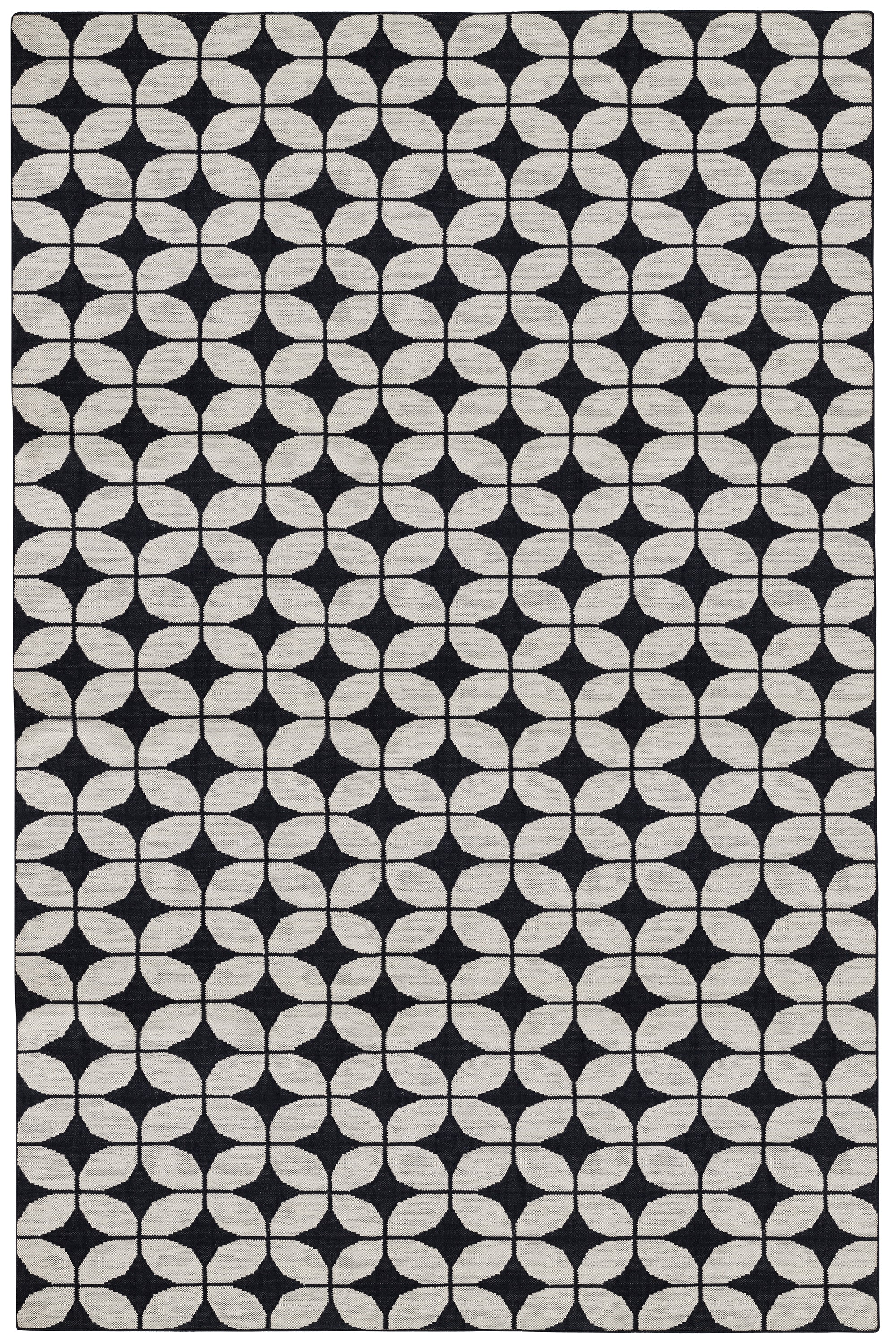 Full size Alhambra Rug in black and white a featuring a pattern of linked circles that create a star like lattice.