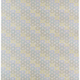 Detail of Alhambra Rug in Mint featuring a pattern of linked circles that create a star like lattice in a range of pastel turquoise, mint, yellow and lime green on a soft beige field. 