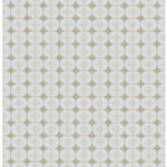 Detail of Alhambra Rug in Mint featuring pattern of linked circles that create a star like lattice in a range of pastel turquoise, mint, yellow and lime green on a soft beige field. 