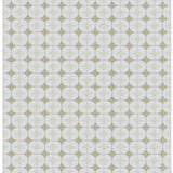 Detail of Alhambra Rug in Mint featuring pattern of linked circles that create a star like lattice in a range of pastel turquoise, mint, yellow and lime green on a soft beige field. 