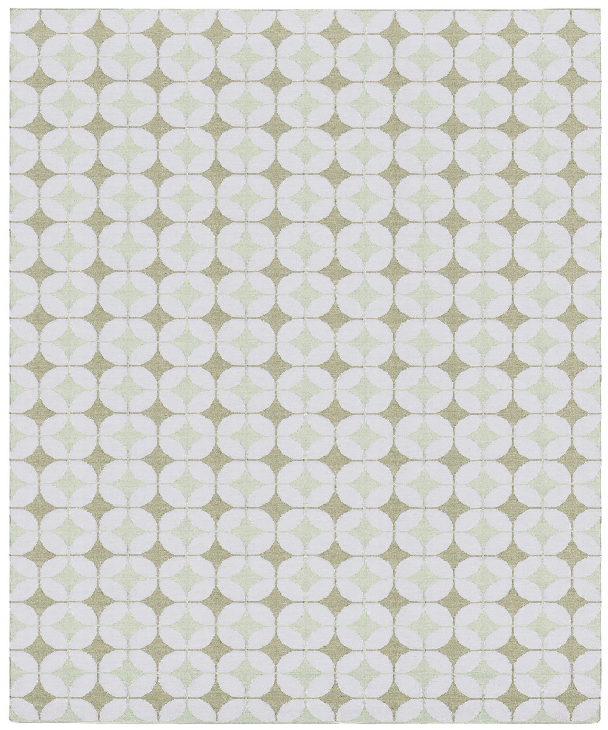 Detail of Alhambra Rug in Mint featuring pattern of linked circles that create a star like lattice in a range of pastel turquoise, mint, yellow and lime green on a soft beige field. 