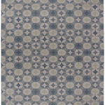 Full size Alhambra Rug in Seafret featuring pattern of linked circles that create a star like lattice in a range of pale blues, with a light green accent on a soft white field. 
