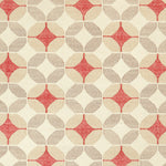 Detail of Alhambra Rug in Tomato featuring pattern of linked circles that create a star like lattice in a range of tan, beige, ecru and bright red on a soft white field. 