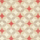 Detail of Alhambra Rug in Tomato featuring pattern of linked circles that create a star like lattice in a range of tan, beige, ecru and bright red on a soft white field. 