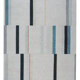 Full size Amelia Rug in Camara featuring a minimalist broken stripe pattern, overlayed with thin white diagonal lines. The broken stripes are a mix of black, pale blue and turquoise with accents of red and bright yellow, all on a soft grey field
