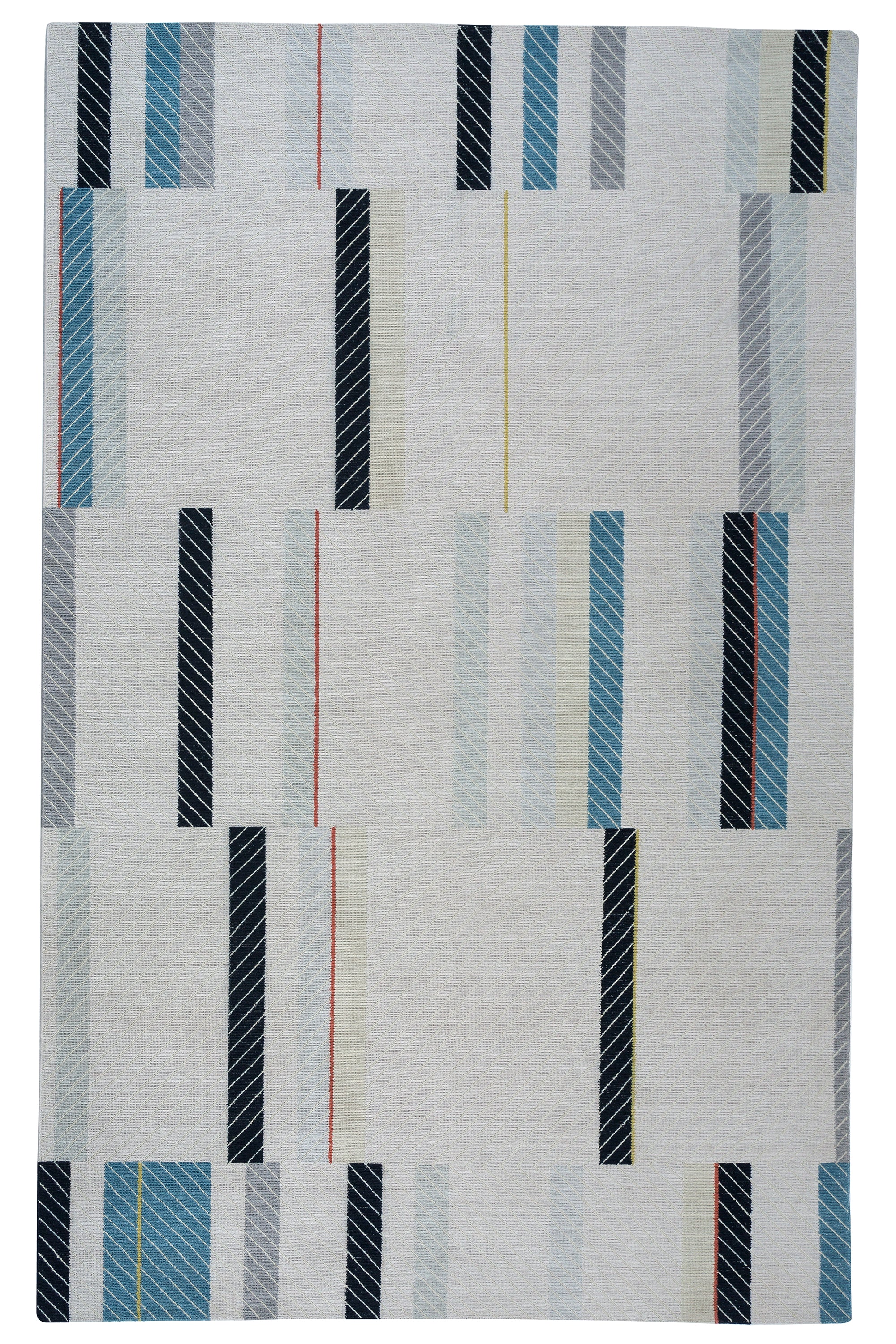 Full size Amelia Rug in Camara featuring a minimalist broken stripe pattern, overlayed with thin white diagonal lines. The broken stripes are a mix of black, pale blue and turquoise with accents of red and bright yellow, all on a soft grey field