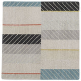 Detail of the Amelia Rug in Camara featuring a minimalist broken stripe pattern, overlayed with thin white diagonal lines. The broken stripes are a mix of black, pale blue and turquoise with accents of red and bright yellow, all on a soft grey field
