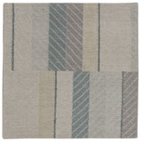 Detail of the Amelia Rug in Pearl featuring a minimalist broken stripe pattern, overlayed with thin white diagonal lines. The broken stripes are a mix of pale blues, grey, and turquoise with slate grey accents, all on a pale grey field. 
