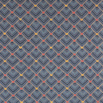 The Arrow Rug in Indigo-Coral features a dense pattern of nesting arrow shapes in shades of blue with accents of coral and yellow on a light brown field