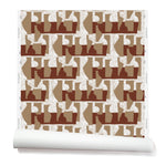 Wallpaper roll with a pattern of warm taupe geometric vessel shapes over a white background with brick red horizontal stripes.