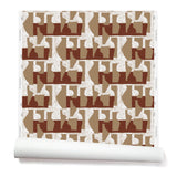 Wallpaper roll with a pattern of warm taupe geometric vessel shapes over a white background with brick red horizontal stripes.