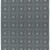 Full size Boe rug in Argento, featuring a pattern of curved segments in grey with white circles on a blue field. 