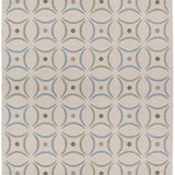 Full size Boe rug in Genoa, featuring a pattern of curved segments in light blue and sage green with taupe circles on an ivory field. 